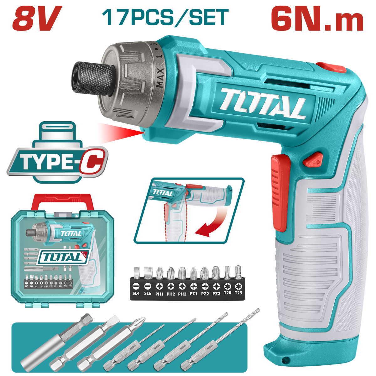 Surubelnita electrica TOTAL 8V Li-Ion, USB-C, maner reglabil, 16 accesorii incluse