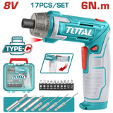 Surubelnita electrica TOTAL 8V Li-Ion, USB-C, maner reglabil, 16 accesorii incluse