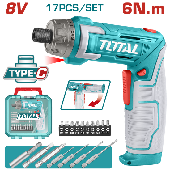 Surubelnita electrica TOTAL 8V Li-Ion, USB-C, maner reglabil, 16 accesorii incluse