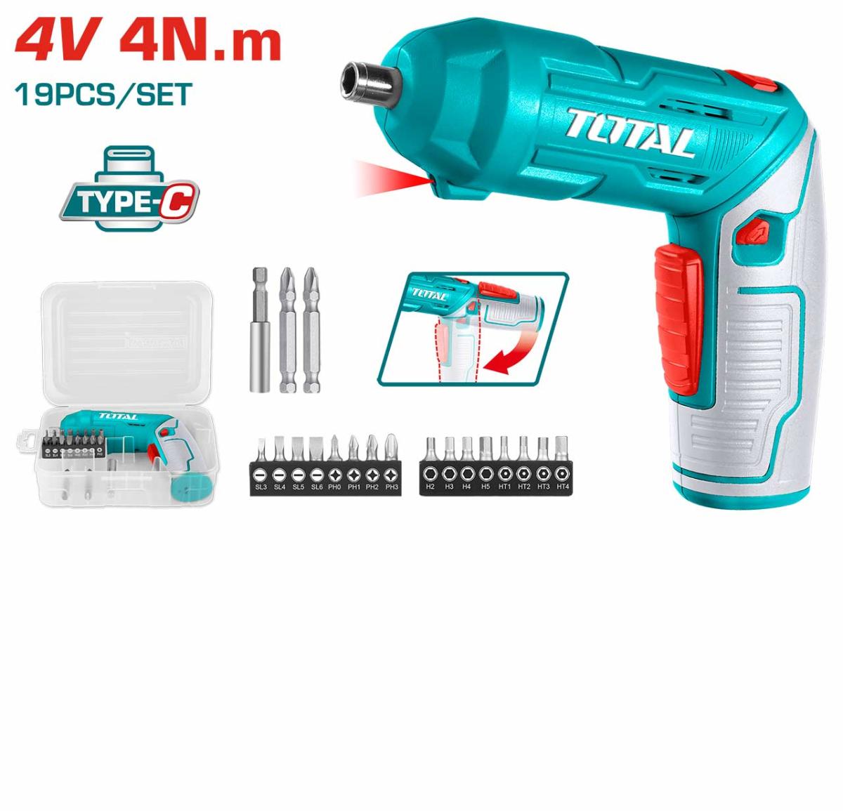 Surubelnita electrica TOTAL 4V, 1/4 HEX, maner reglabil, LED, USB-C