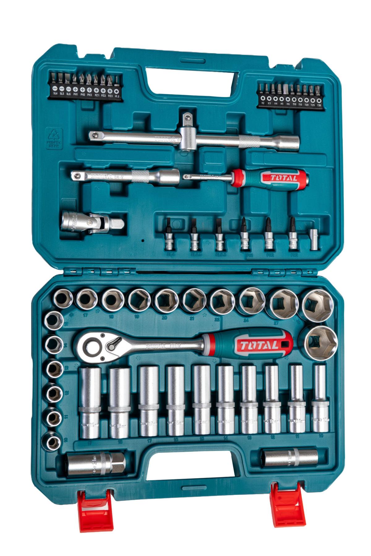 Trusa chei tubulare TOTAL 1/2 62 piese Cr-V, clichet 72T, cutie metalica