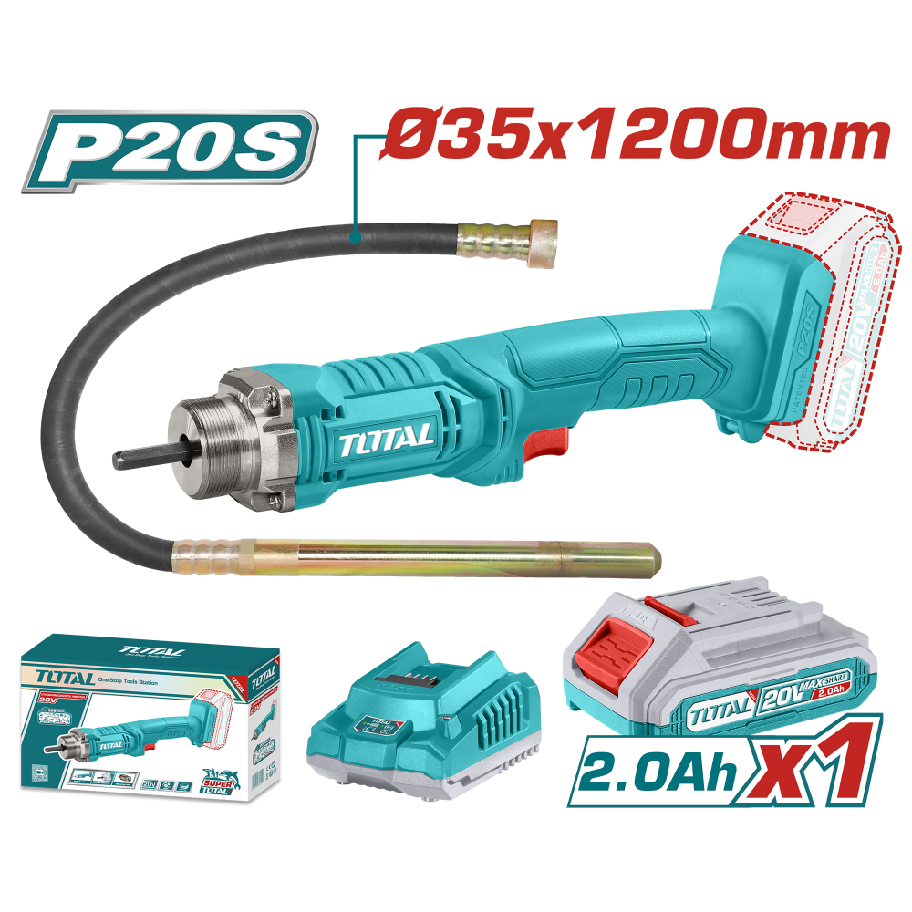 Vibrator beton TOTAL 20V 2.0Ah, lance 35mm 1200mm, acumulator si incarcator incluse