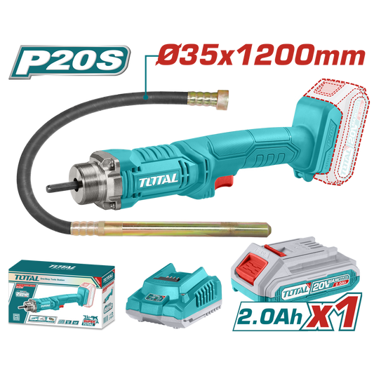 Vibrator beton TOTAL 20V 2.0Ah, lance 35mm 1200mm, acumulator si incarcator incluse