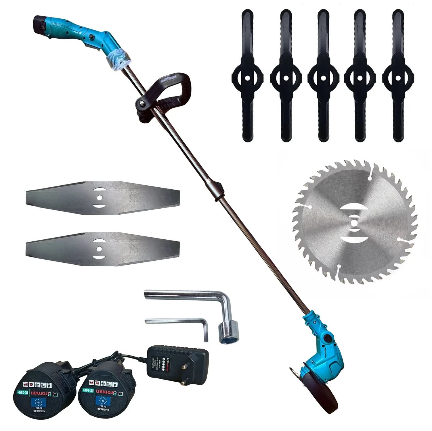 Motocoasa electrica Broman 24V, 750W, 2 acumulatori, 14000 rpm, cap rotativ, accesorii incluse