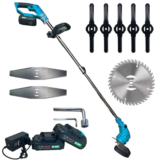 Motocoasa electrica Broman 38V, 950W, 14000 rpm, 2 acumulatori, cap rotativ, accesorii incluse