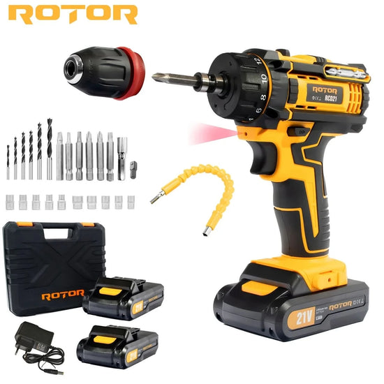 Trusa autofiletanta pe acumulator ROTOR RCD21, 21V, motor brushless, 2 viteze, 30 Nm, 2 acumulatori + accesorii