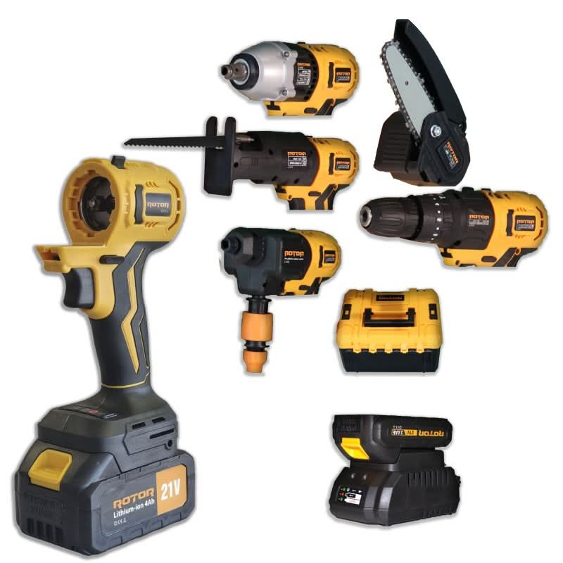 Trusă Scule 5 în 1 cu Acumulator ROTOR JFCT001 – 21V, Fierăstrău, Bormașină, Pistol Impact, Spălător, Accesorii Incluse