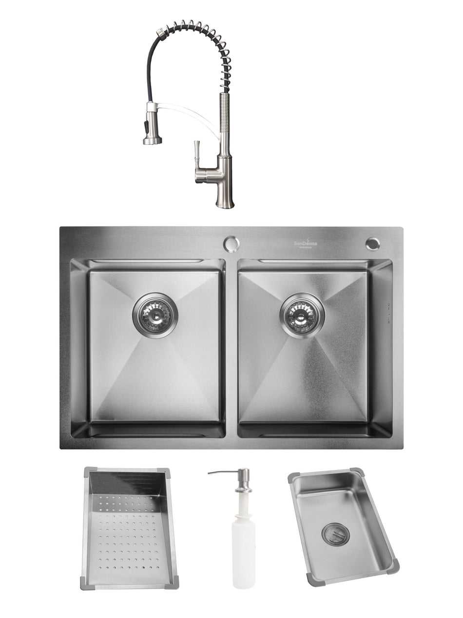 Chiuveta de bucatarie handmade Sandonna HD7850DR din inox cu 2 cuve, tavite si dispenser de sapun + Baterie flexibila Sandonna Mona crom
