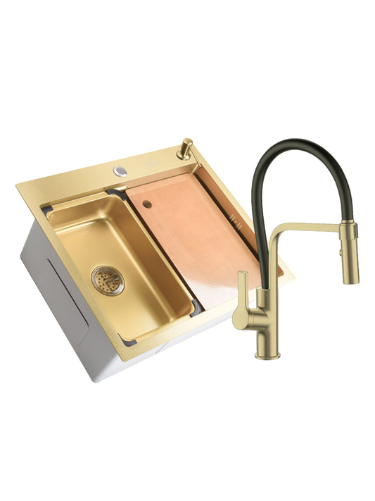 SET Chiuveta SanDonna HD6050 din inox handmade cu dozator de sapun si tavita de scurgere + Baterie flexibila SanDonna ANDRA - Negru-Auriu