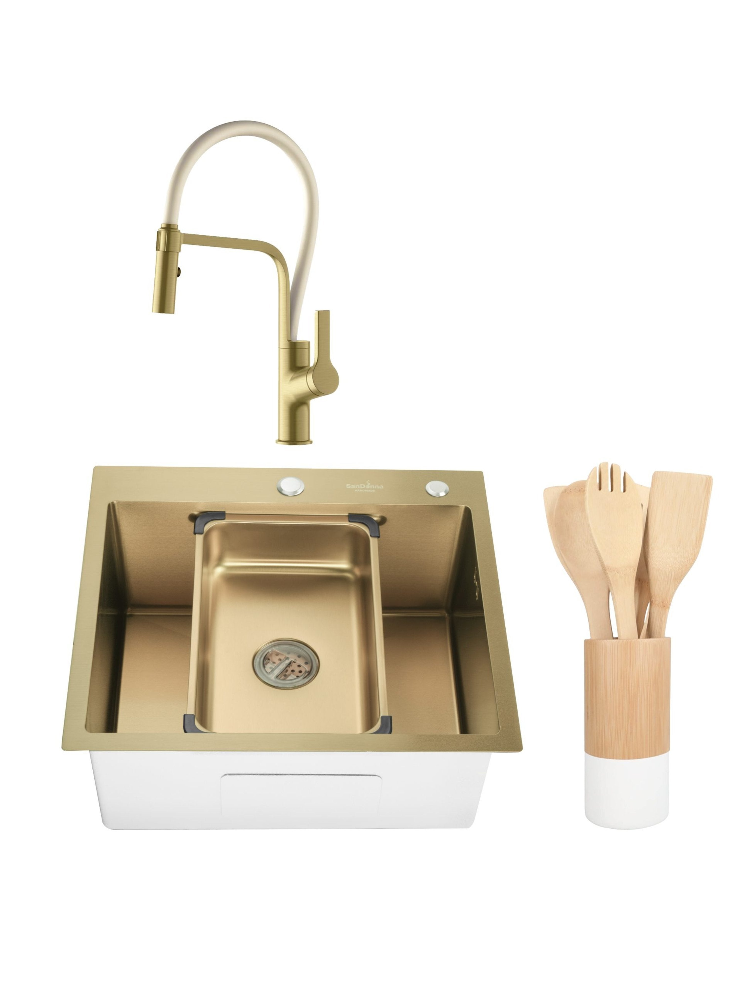 SET Chiuveta SanDonna din inox HD5550 aurie cu tavita si dozator + Baterie SanDonna ANDRA auriu-alb + ustensile de bucatarie din bambus