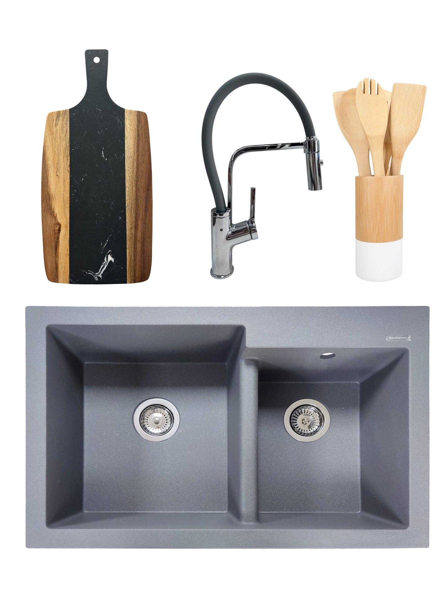 PACHET Chiuveta de bucatarie din granit compozit cu 2 cuve Edyta + Baterie flexibila Andra alb + tocator + ustensile din bambus pentru gatit - Gri