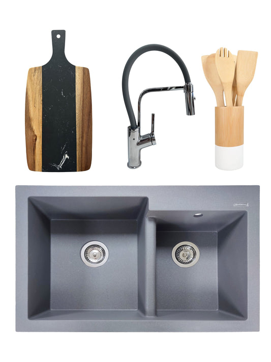 PACHET Chiuveta de bucatarie din granit compozit cu 2 cuve Edyta + Baterie flexibila Andra alb + tocator + ustensile din bambus pentru gatit - Gri