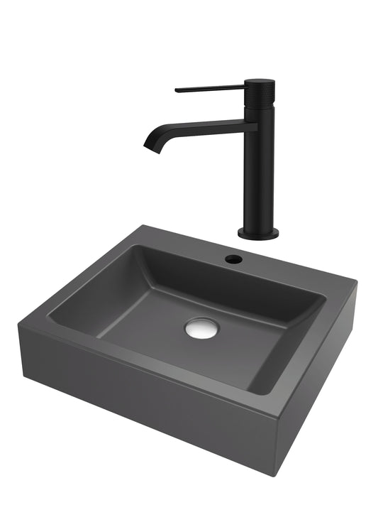 SET Lavoar de baie din granit compozit Timo + Baterie Agata negru - Gri