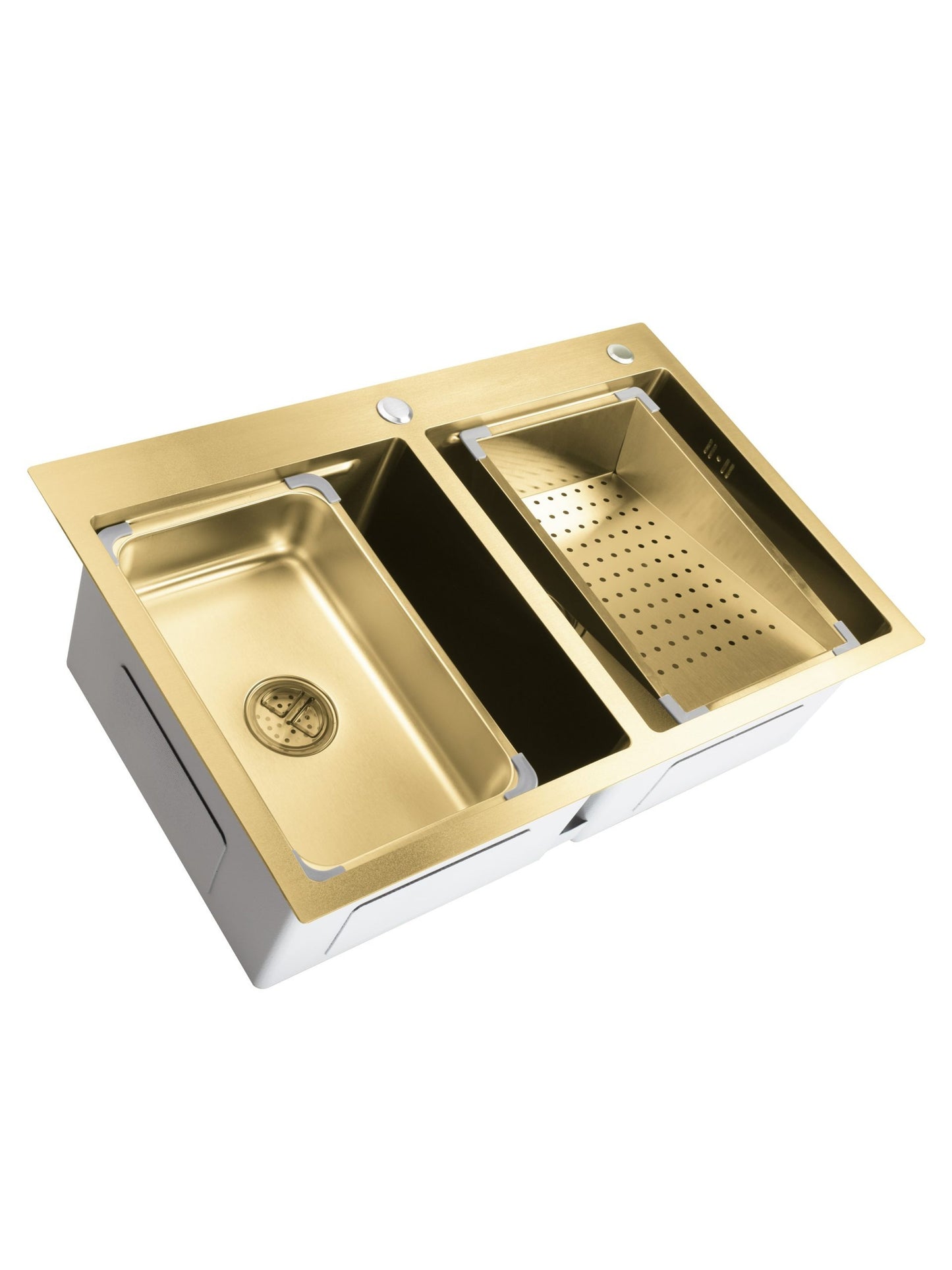 Chiuveta de bucatarie handmade Sandonna HD7850DR cu 2 cuve, tavite si dispenser de sapun incluse - Auriu