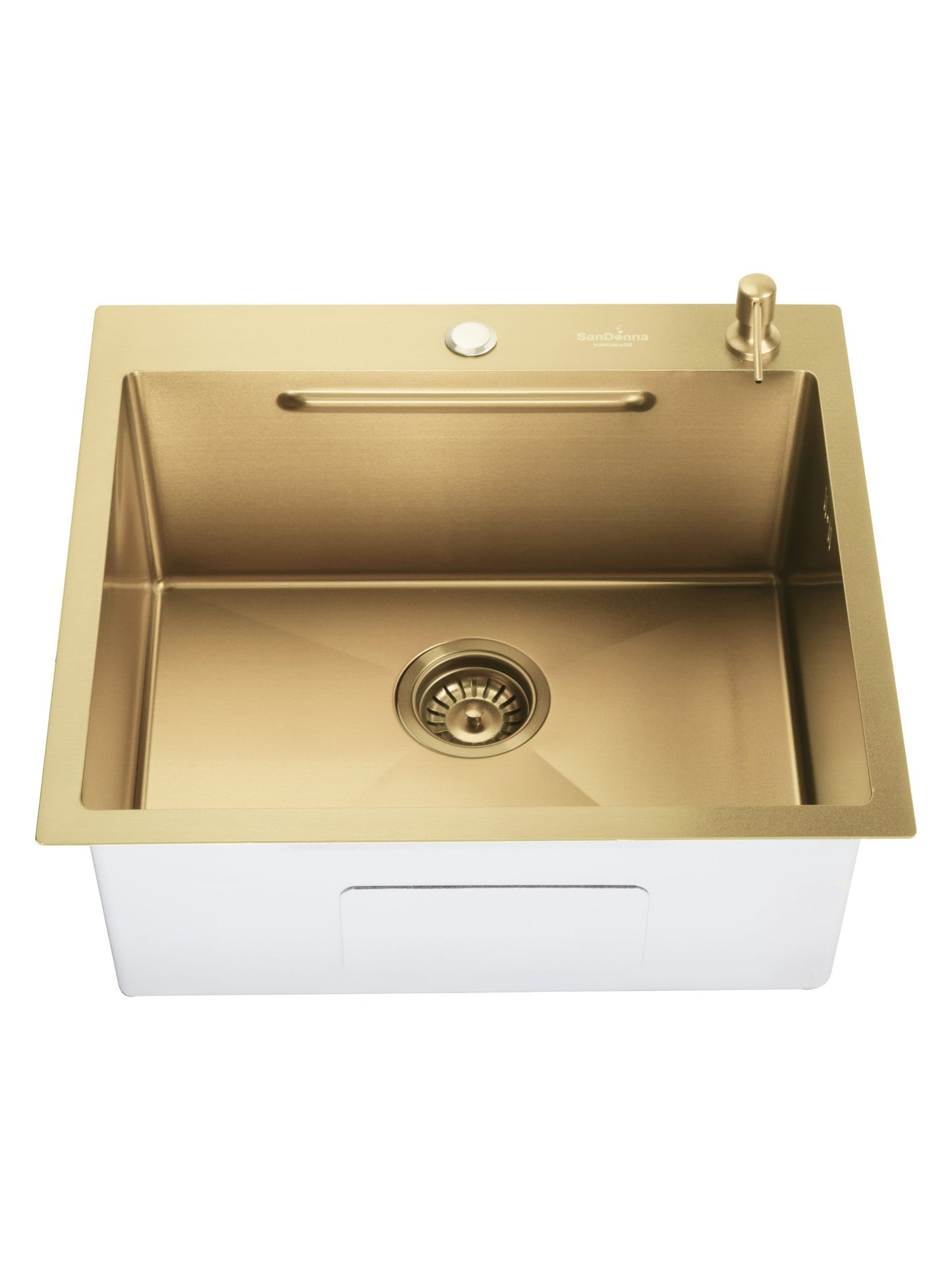 SET Chiuveta SanDonna din inox HD5550 aurie cu tavita si dozator + Baterie SanDonna ANDRA auriu-alb + ustensile de bucatarie din bambus