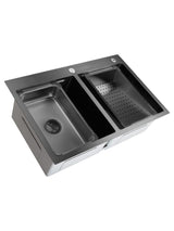 Chiuveta de bucatarie handmade Sandonna HD7850DR cu 2 cuve, tavite si dispenser de sapun + Baterie Charlotte cu dus extractabil