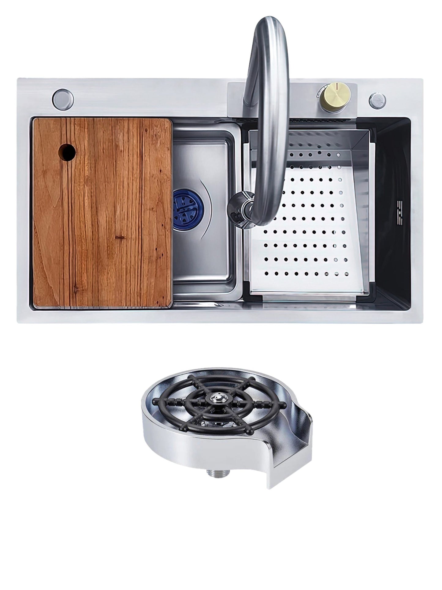 PACHET Chiuveta de bucatarie multifunctionala handmade din inox Sandonna HD6850 cu baterie, tavite de scurgere si dispenser de sapun + spalator de pahare - Inox