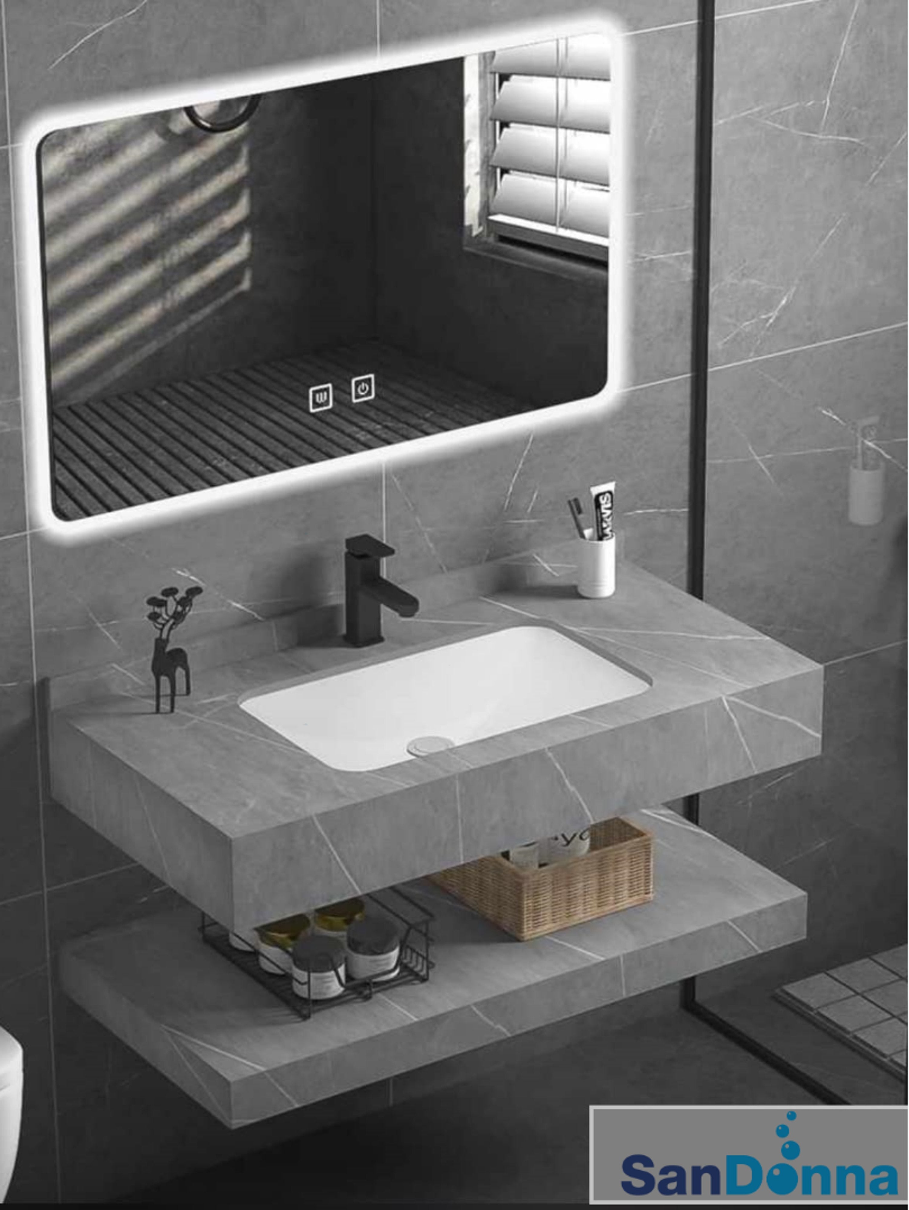 Set Baie LUMI Gri 100x50x15 cm, Oglinda LED, Lavoar Piatra Sinterizata