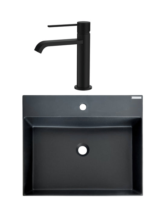 SET Lavoar de baie din granit compozit Sencillo + Baterie Agata negru - Negru