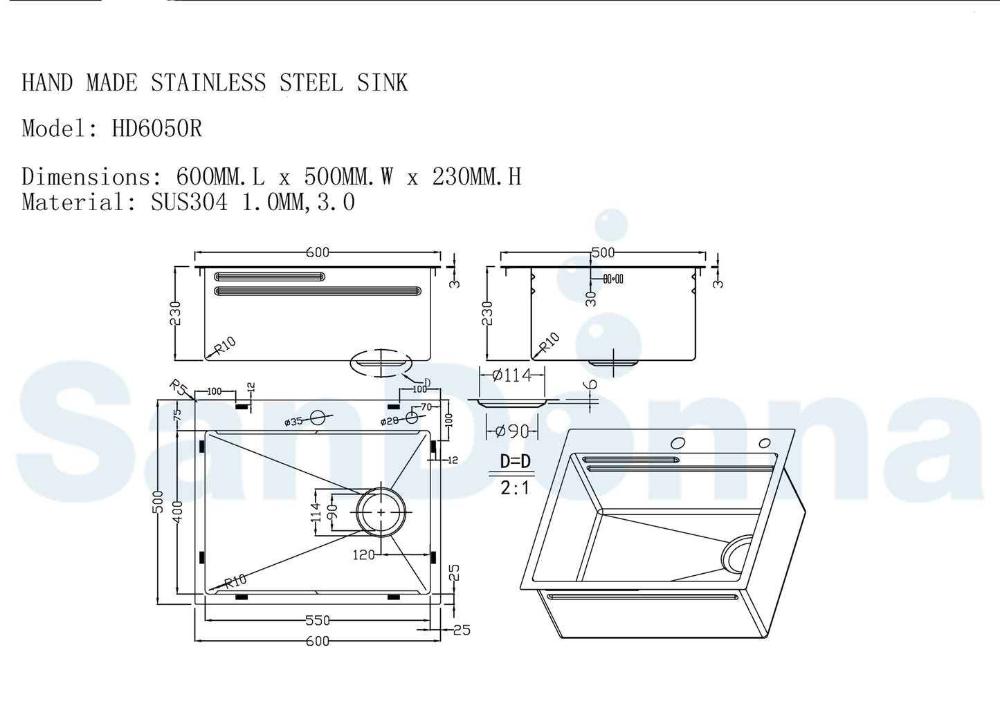 SET Chiuveta SanDonna HD6050 din inox handmade cu dozator de sapun, tocator si tavita de scurgere + Baterie SanDonna Charlotte cu dus extractabil