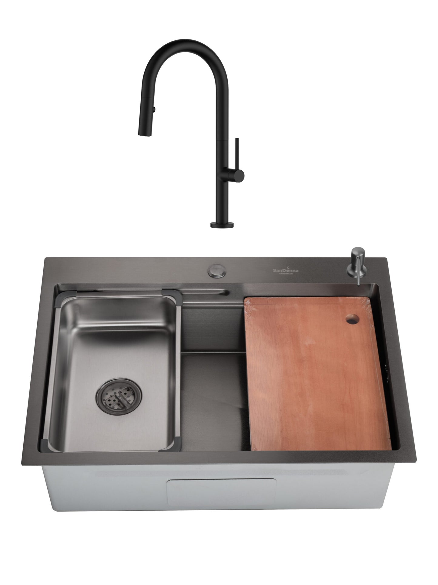 SET Chiuveta SanDonna HD7050 negru din inox handmade cu dozator de sapun, tavita de scurgere si tocator + Baterie flexibila SanDonna Charlotte negru