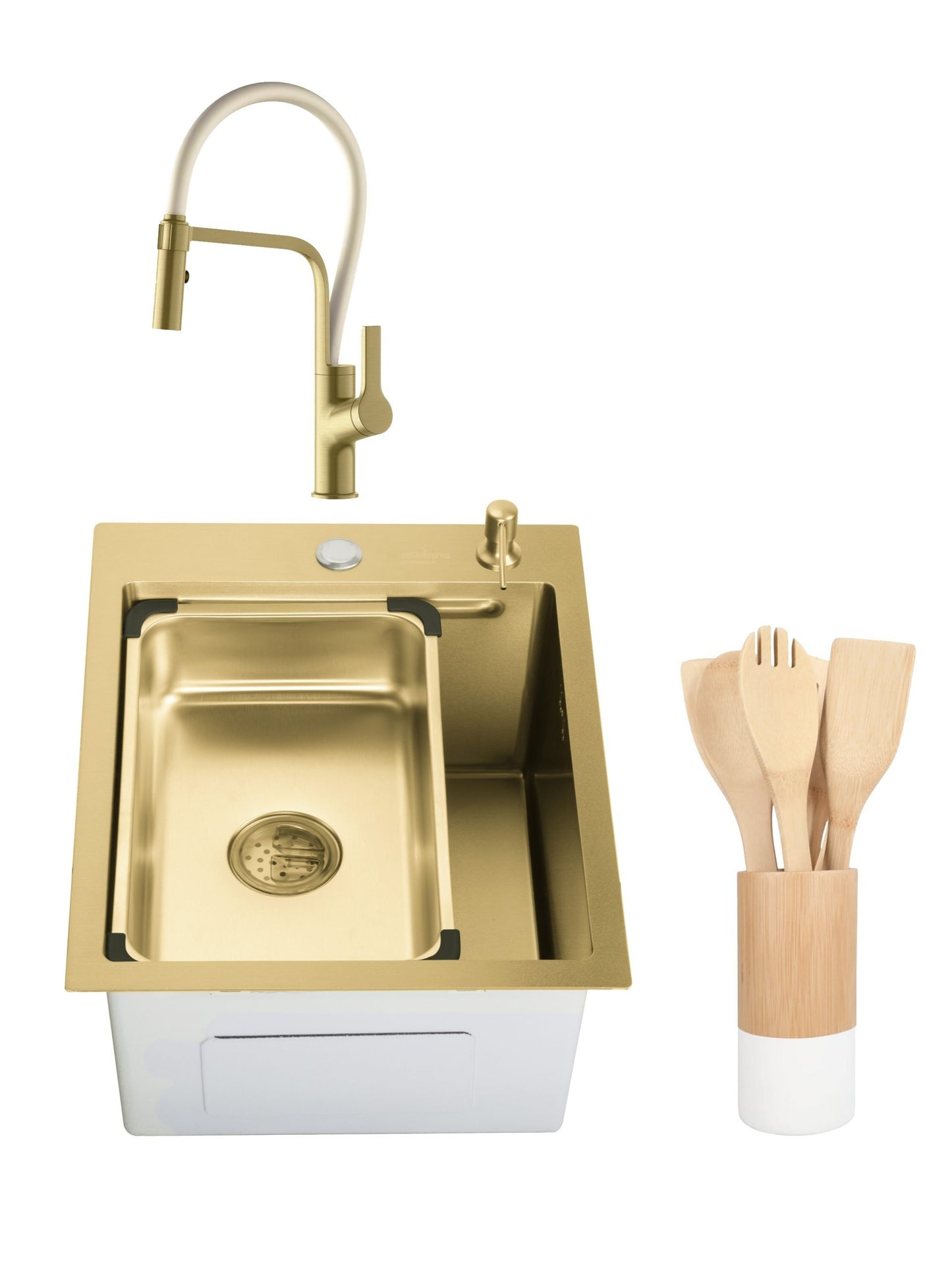 Chiuveta de bucatarie Sandonna HD4050 din inox cu tavita si dispenser + Baterie Andra auriu-alb + Ustensile de gatit din bambus