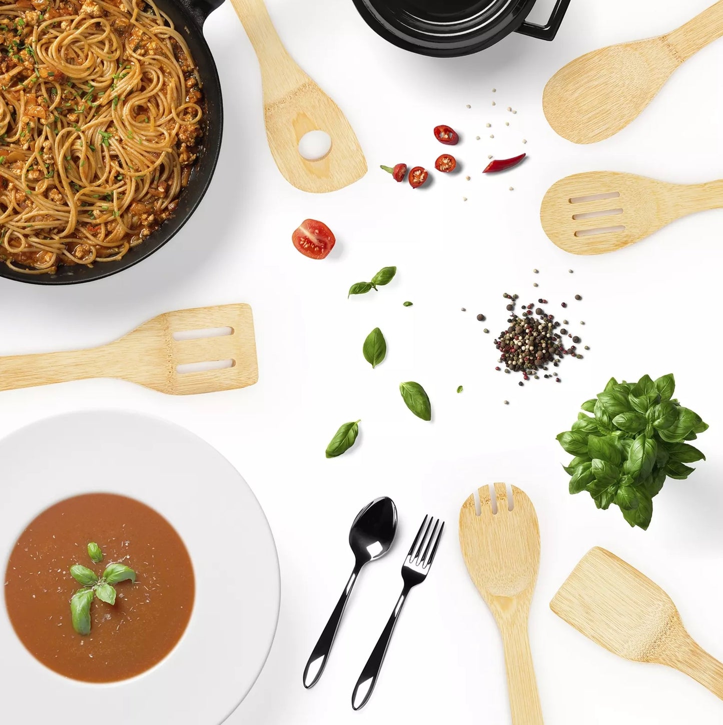 Set ustensile de bucatarie din bambus format din 7 piese