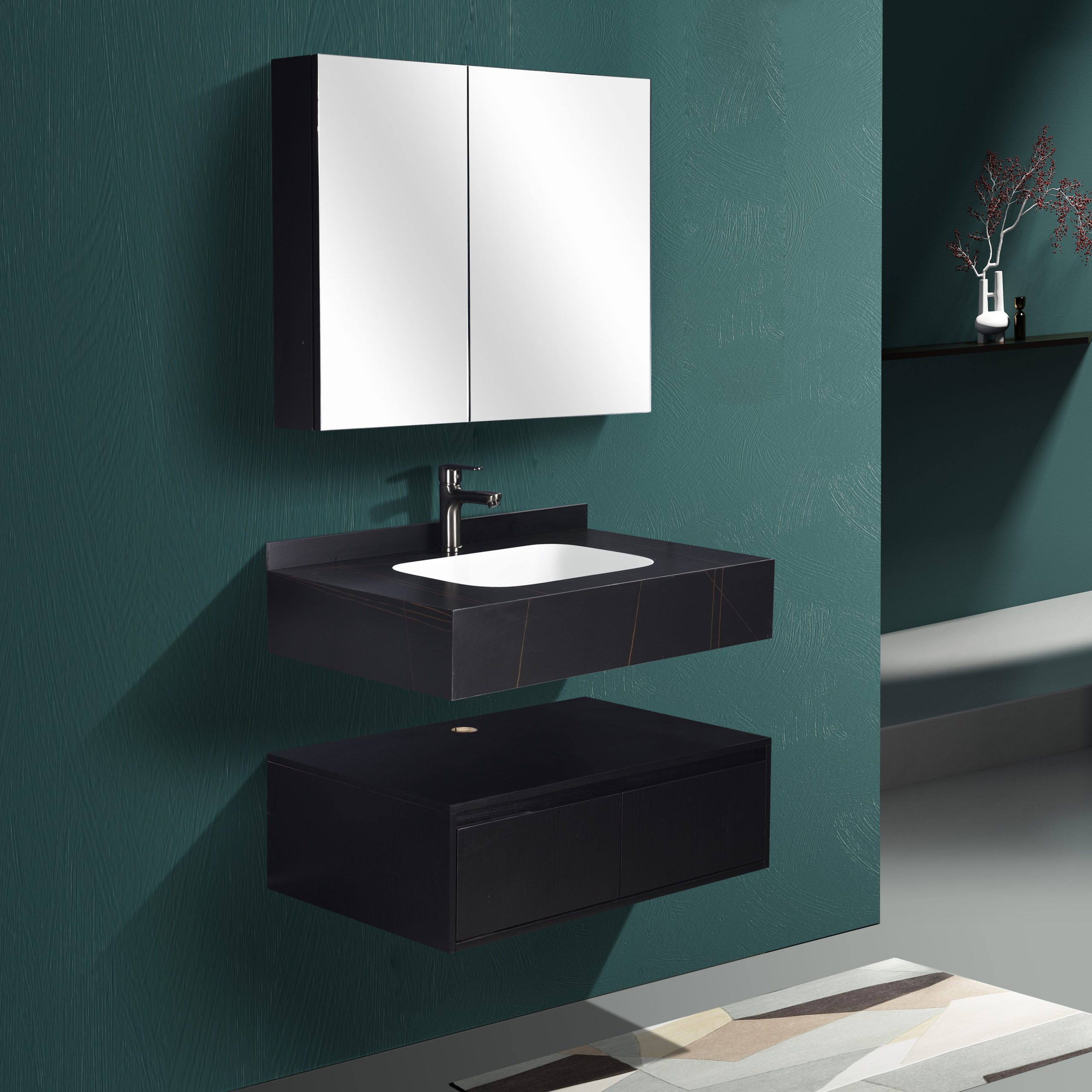 Set Baie NOVA Negru 80x50x15 cm, Oglinda LED, Lavoar Piatra Sinterizata