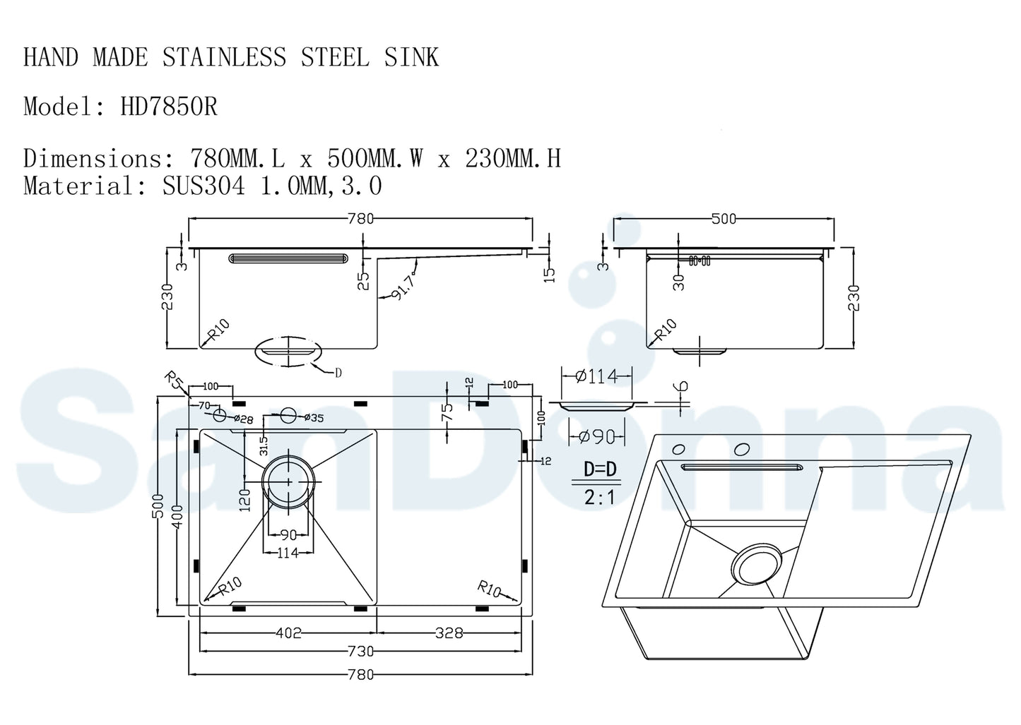 SET Chiuveta SanDonna HD7850 din inox handmade cu tavita si dozator de sapun+ Baterie SanDonna Charlotte cu dus extractabil