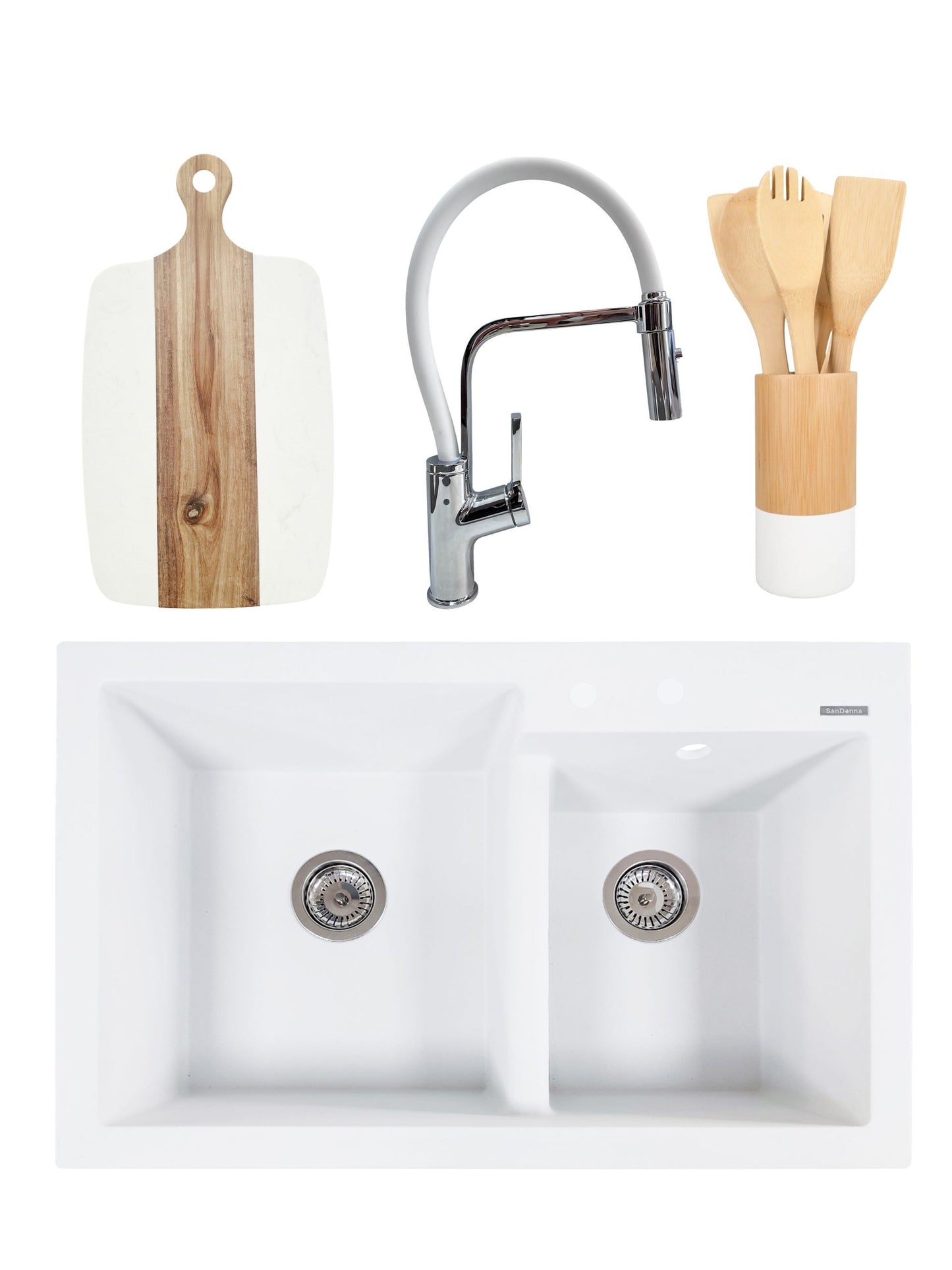 PACHET Chiuveta de bucatarie din granit compozit cu 2 cuve Edyta + Baterie flexibila Andra alb + tocator + ustensile din bambus pentru gatit - Alb