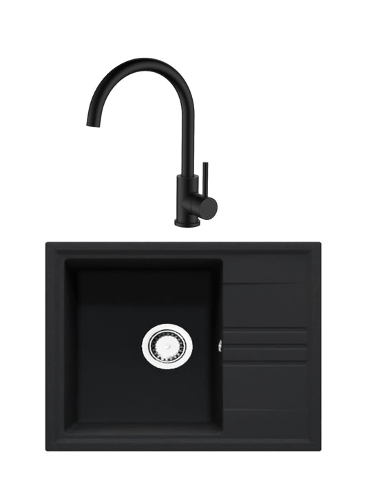 SET Chiuveta granit compozit SanDonna Alina + Baterie Waltz Alfa negru