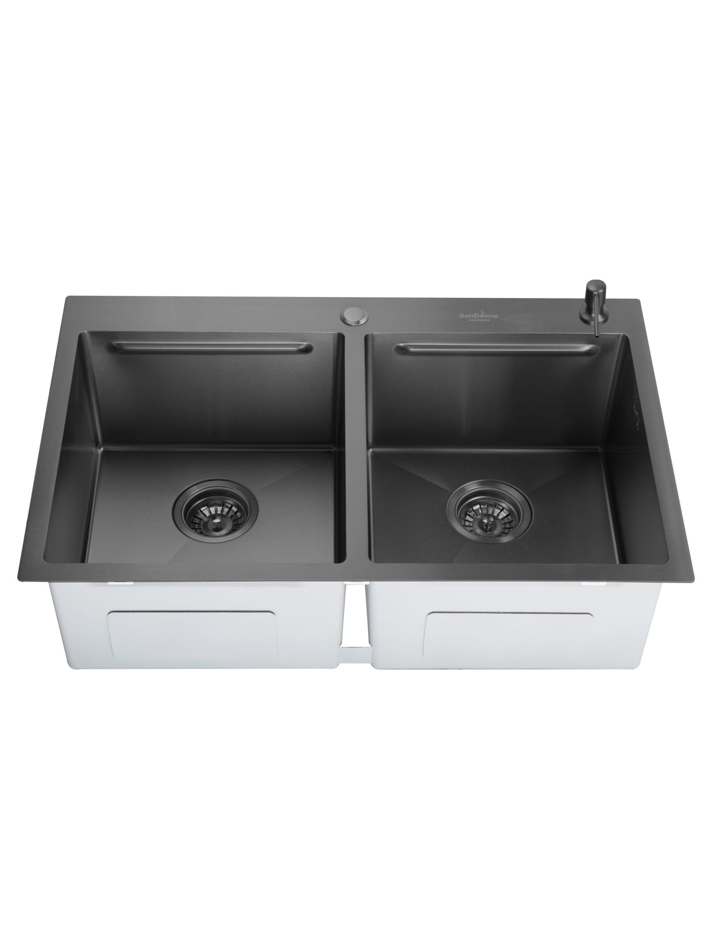 Chiuveta de bucatarie handmade Sandonna HD7850DR cu 2 cuve, tavite si dispenser de sapun + Baterie Charlotte cu dus extractabil