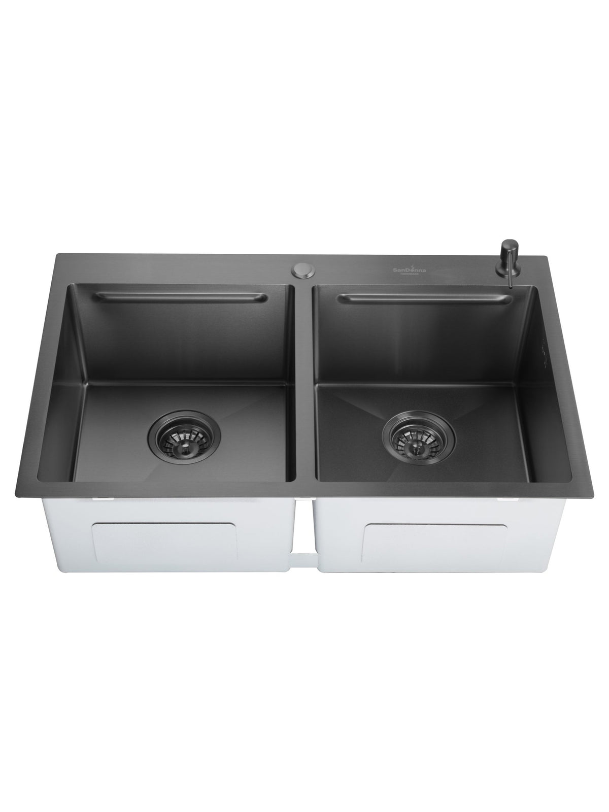Chiuveta de bucatarie handmade Sandonna HD7850DR cu 2 cuve, tavite si dispenser de sapun + Baterie Charlotte cu dus extractabil