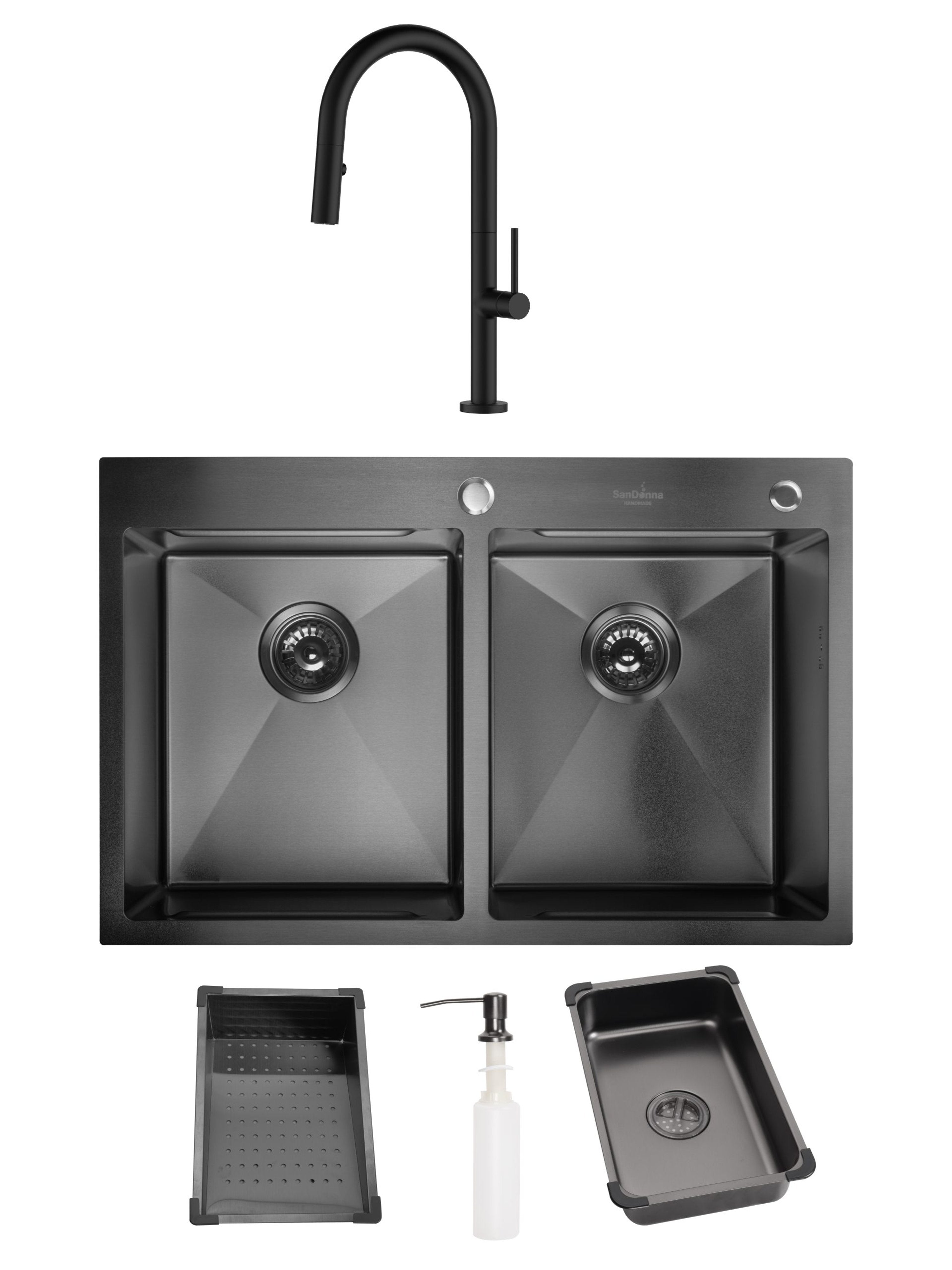 Chiuveta de bucatarie handmade Sandonna HD7850DR cu 2 cuve, tavite si dispenser de sapun + Baterie Charlotte cu dus extractabil