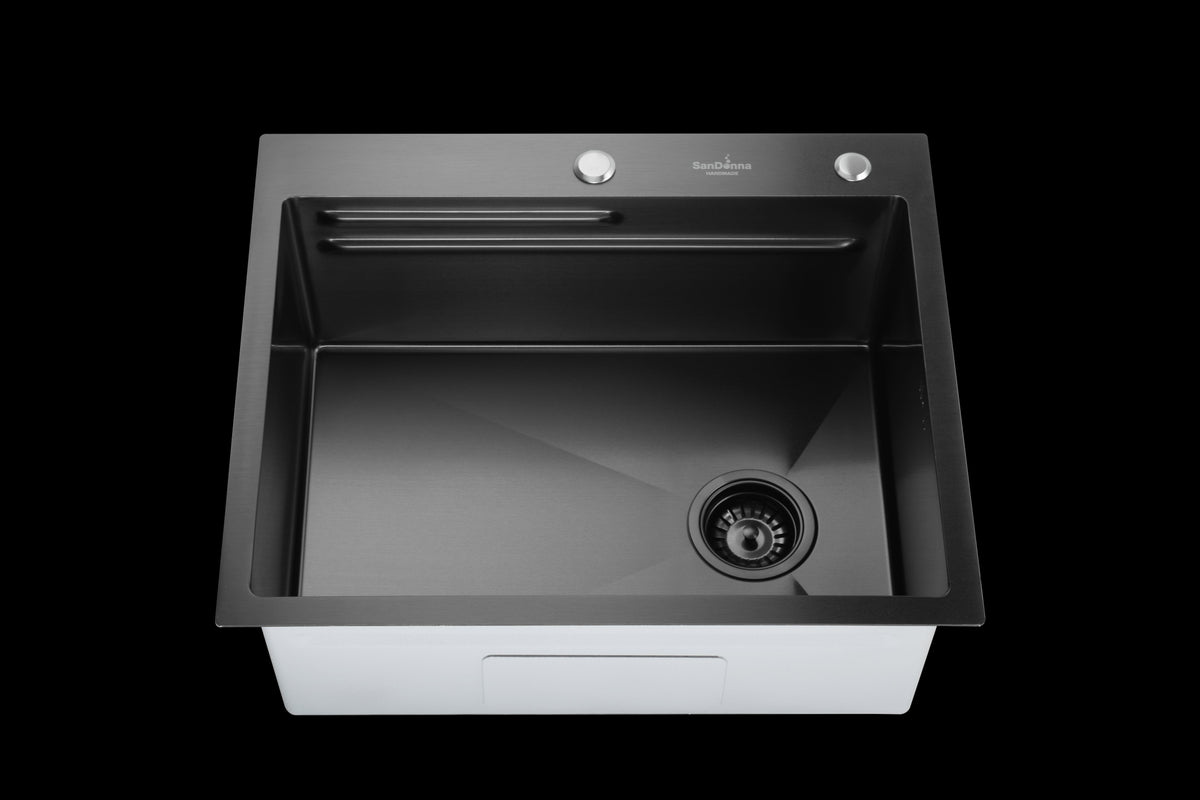 SET Chiuveta SanDonna HD6050 din inox handmade cu dozator de sapun, tocator si tavita de scurgere + Baterie SanDonna Charlotte cu dus extractabil
