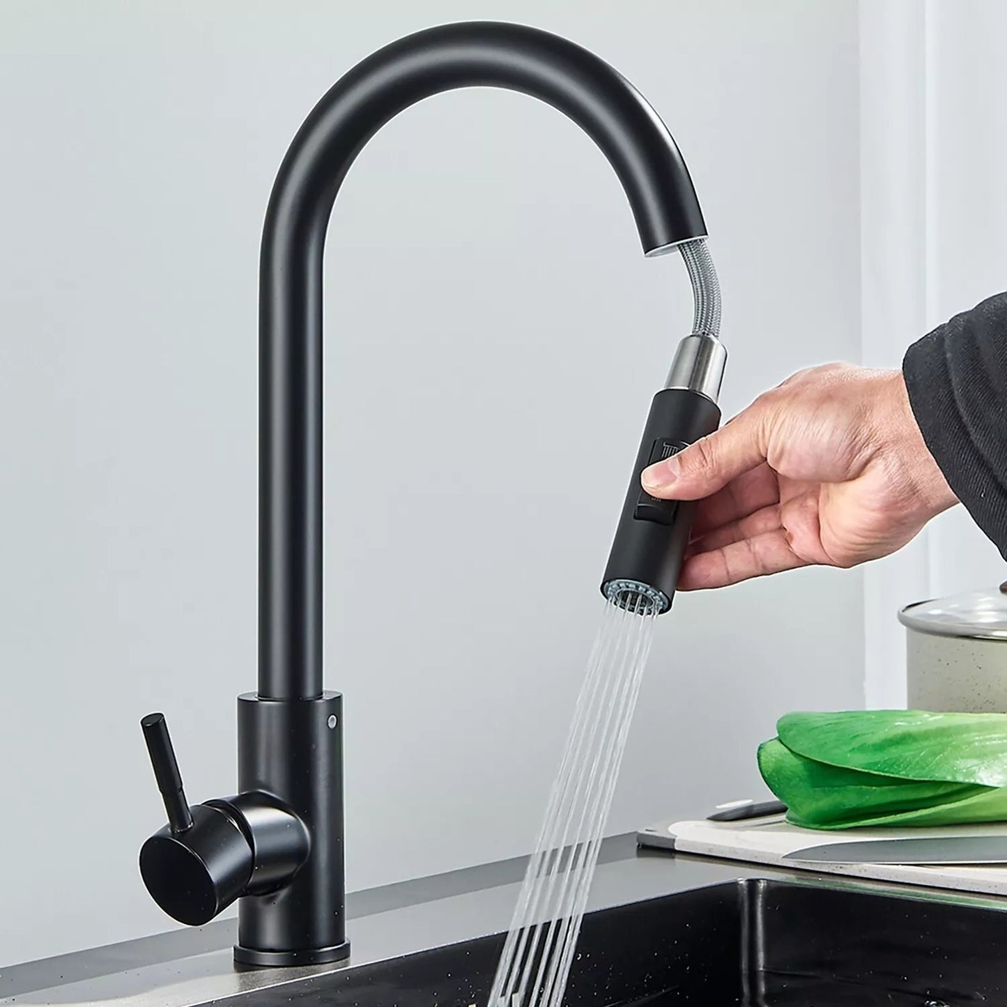 SET Chiuveta granit compozit SanDonna SELENA + Baterie Amelia cu dus extractabil + tocator din marmura si lemn