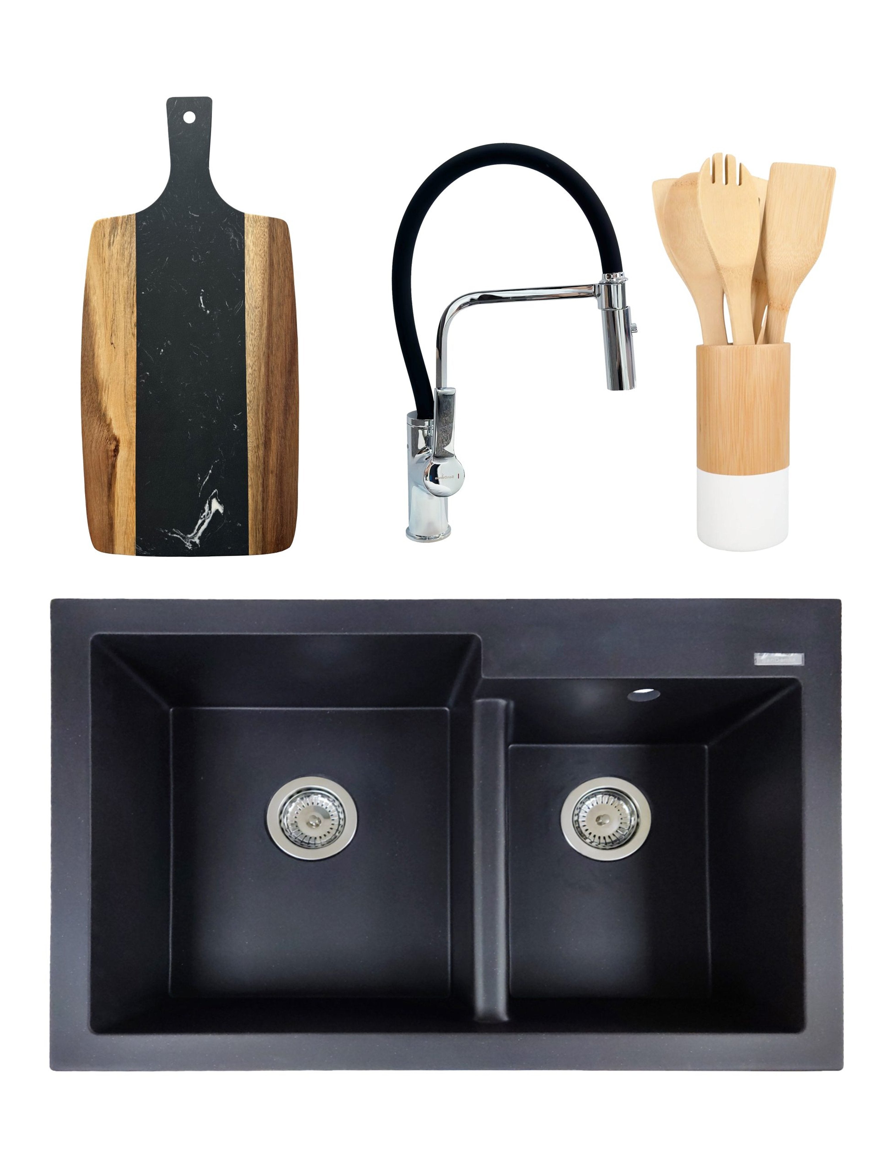 PACHET Chiuveta de bucatarie din granit compozit cu 2 cuve Edyta + Baterie flexibila Andra alb + tocator + ustensile din bambus pentru gatit - Negru
