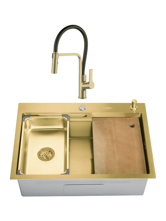 SET Chiuveta SanDonna HD7050 auriu din inox handmade cu dozator de sapun, tavita de scurgere si tocator + Baterie flexibila SanDonna ANDRA auriu negru flexibila