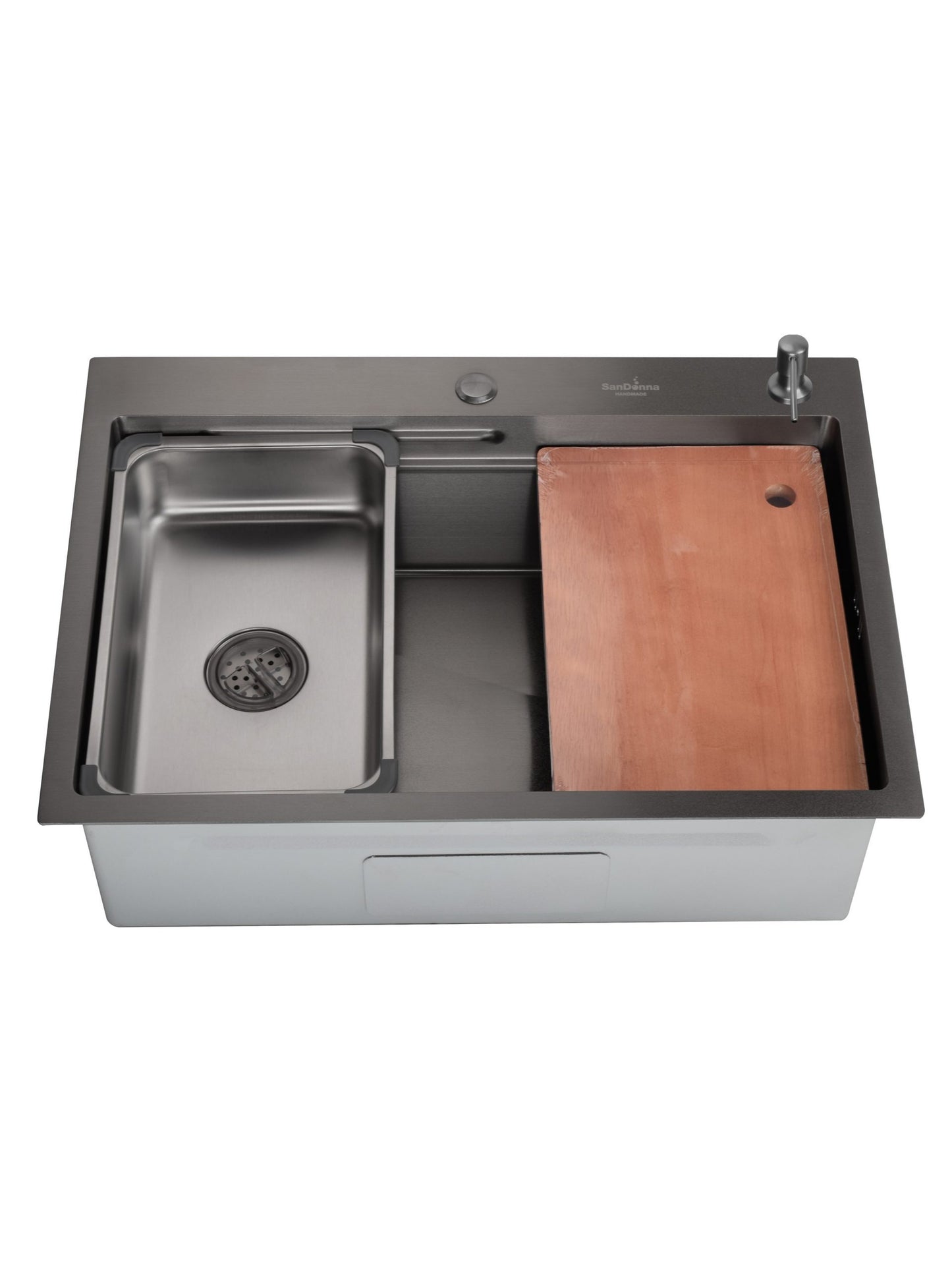 Chiuveta de bucatarie handmade Sandonna HD7050 cu tavita, tocator si dispenser de sapun incluse - Negru