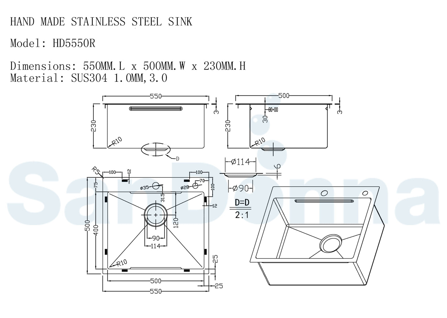 SET Chiuveta SanDonna HD5550 inox cu dozator si tavita + Baterie SanDonna Charlotte cu dus extractabil