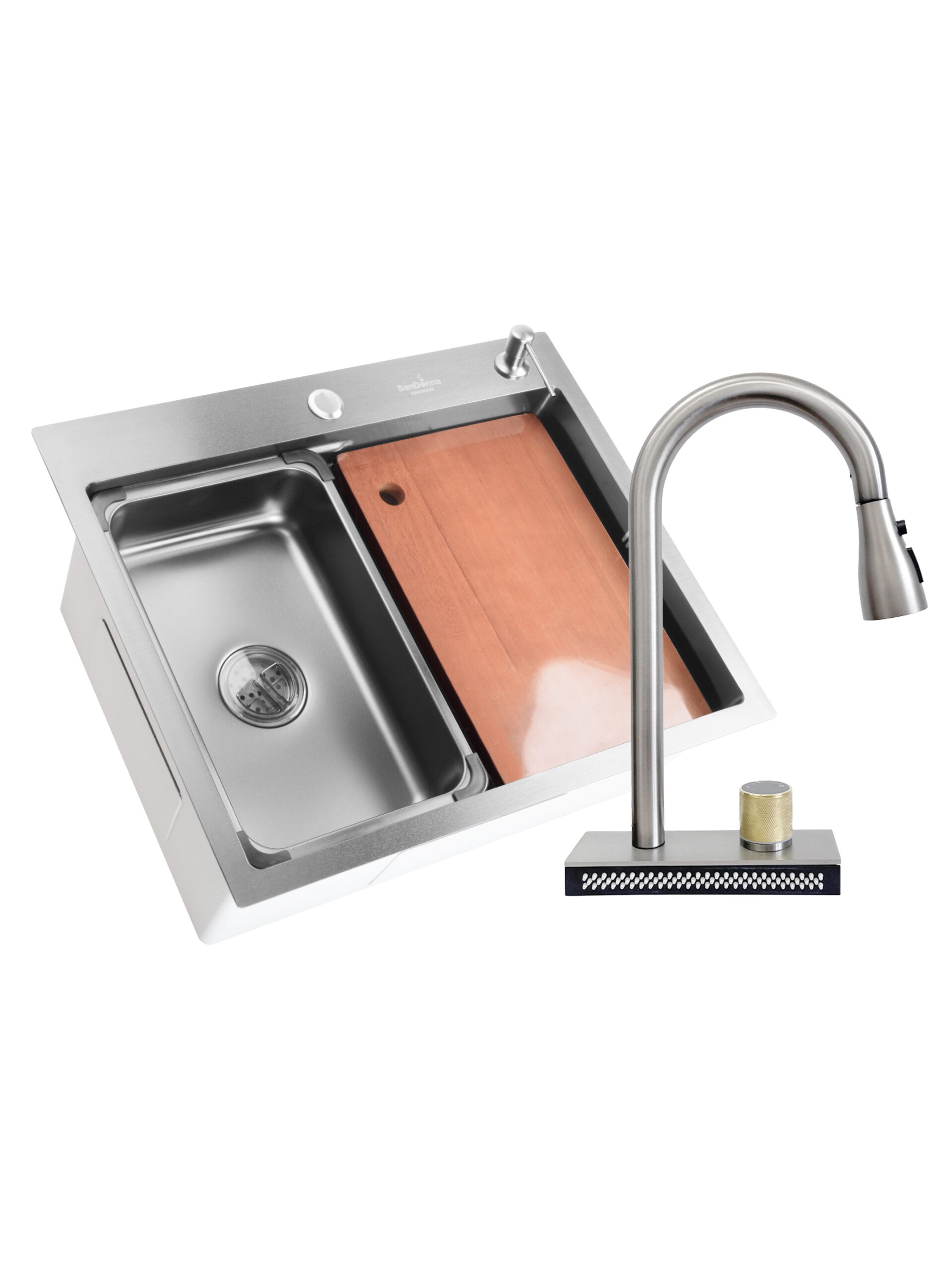 SET Chiuveta SanDonna HD6050 din inox handmade cu dozator de sapun, tocator si tavita de scurgere + Baterie multifunctionala SanDonna Aster cu cascada si dus extractabil - Inox