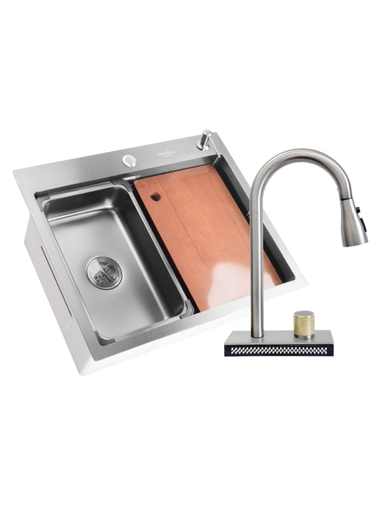 SET Chiuveta SanDonna HD6050 din inox handmade cu dozator de sapun, tocator si tavita de scurgere + Baterie multifunctionala SanDonna Aster cu cascada si dus extractabil - Inox