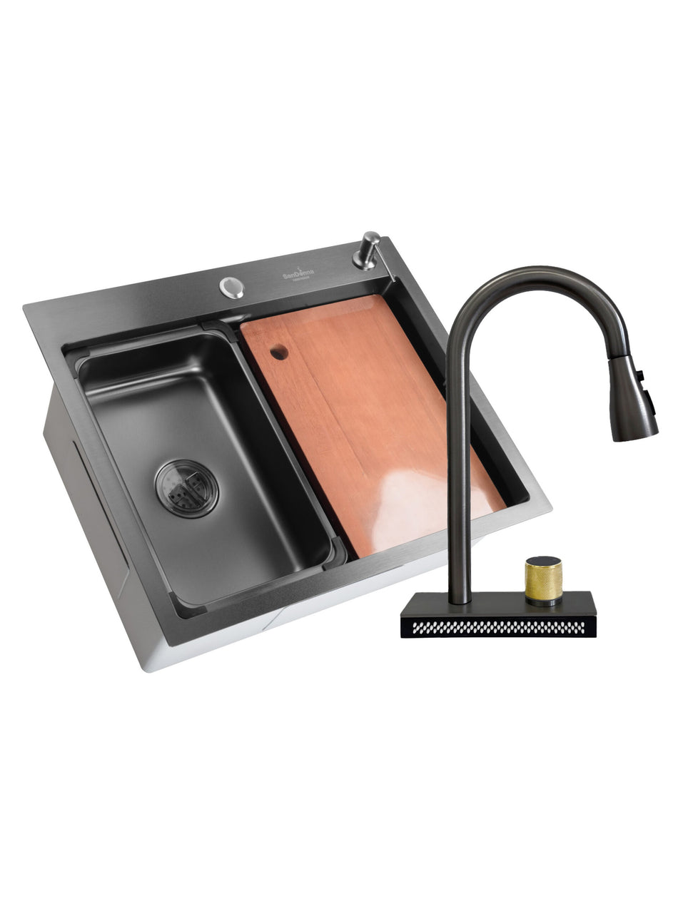 SET Chiuveta SanDonna HD6050 din inox handmade cu dozator de sapun, tocator si tavita de scurgere + Baterie multifunctionala SanDonna Aster cu cascada si dus extractabil - Negru