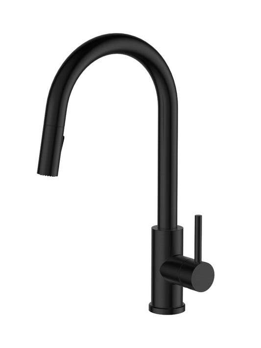 Baterie de bucatarie cu dus extractibil si 2 functii de curgere a apei, SanDonna AMELIA - Negru