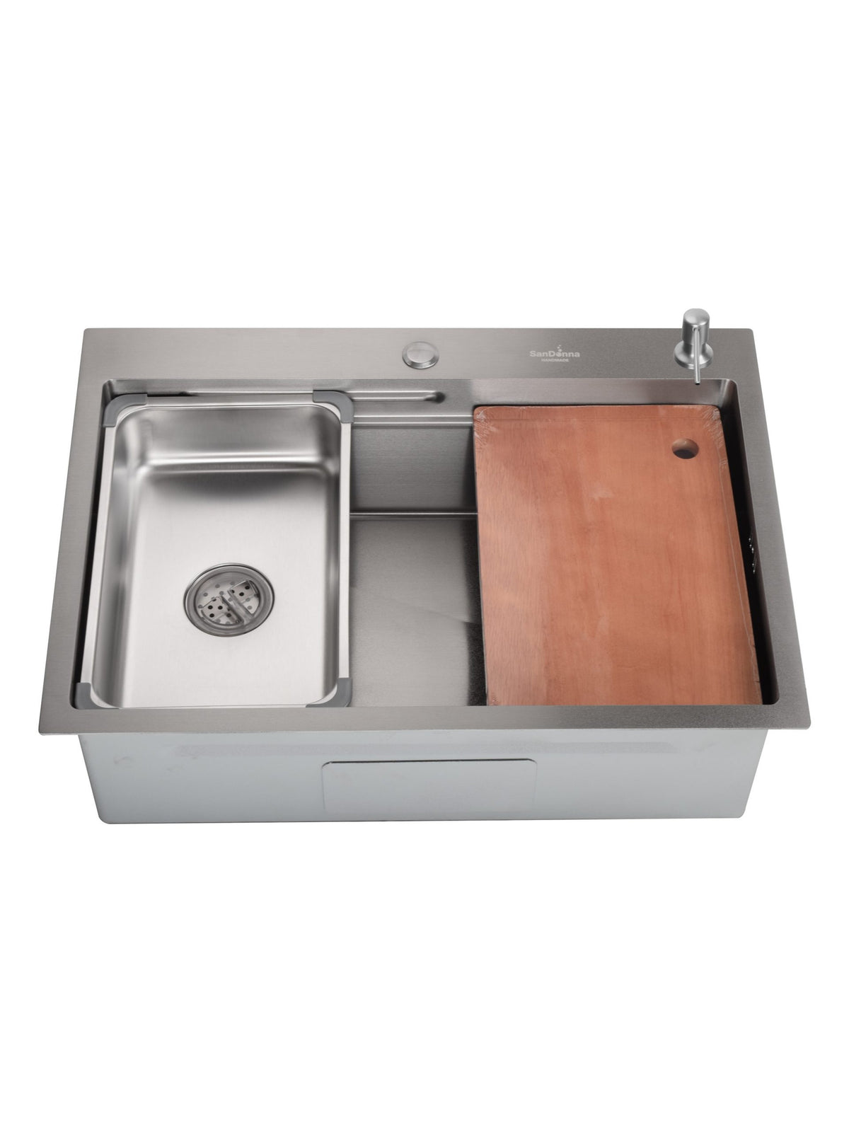 Chiuveta de bucatarie handmade Sandonna HD7050 cu tavita, tocator si dispenser de sapun incluse - Inox