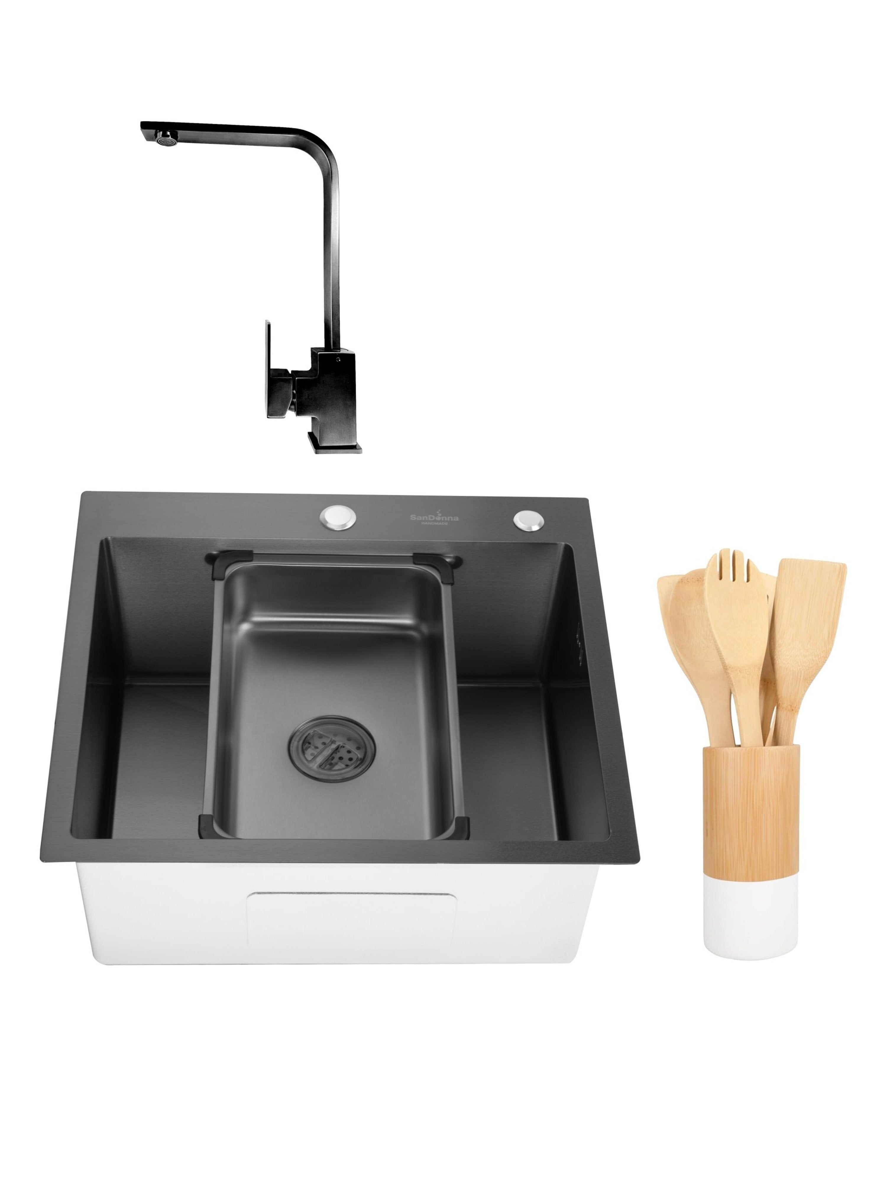 Chiuveta de bucatarie handmade Sandonna HD5550 cu tavita si dozator incluse + Baterie Nera pivotanta + set ustensile pentru gatit - Negru