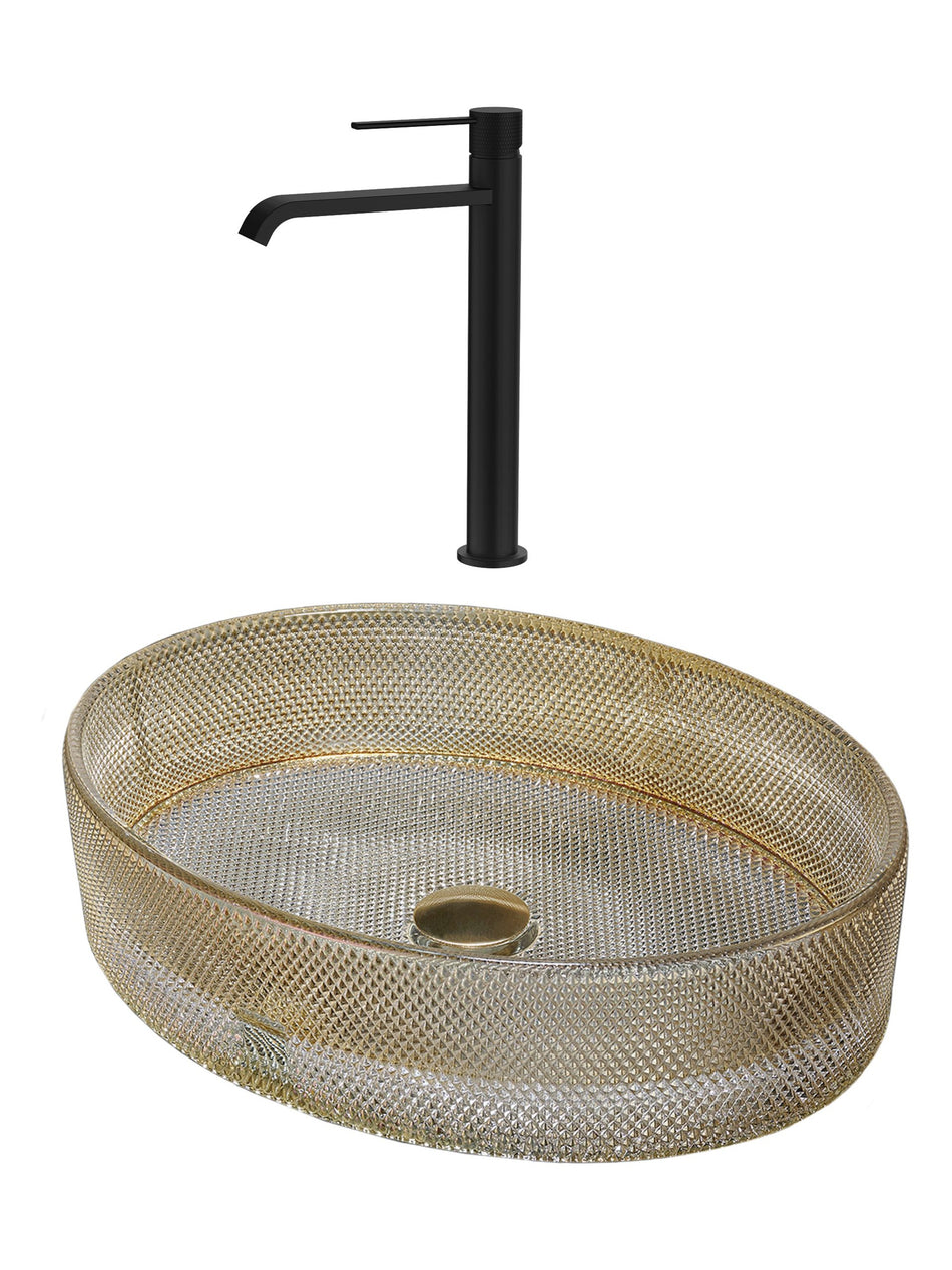 SET Lavoar de baie din sticla securizata Vela + Baterie Dorota negru - Auriu
