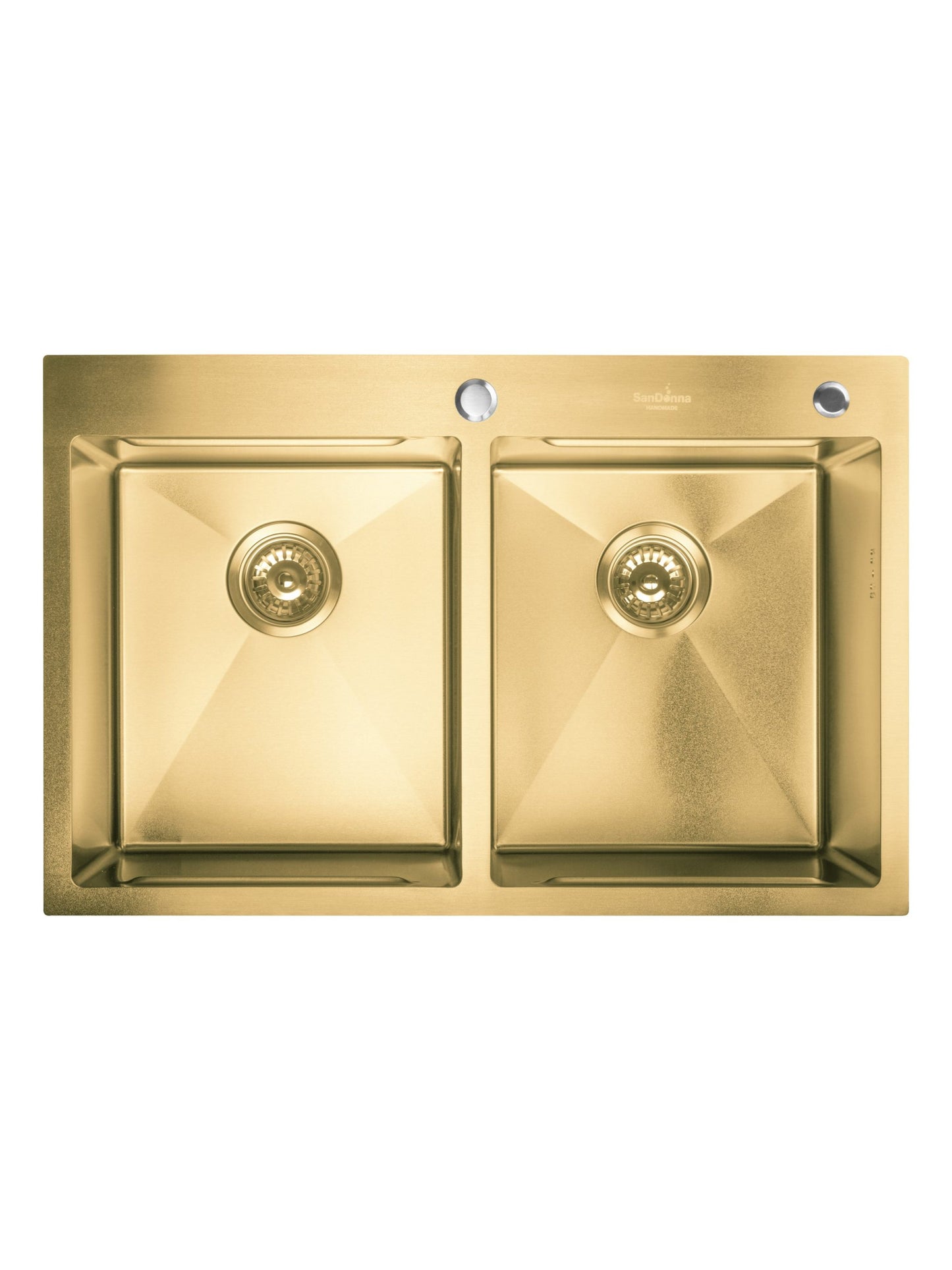 SET Chiuveta SanDonna HD7850DR auriu din inox handmade cu 2 cuve, dozator de sapun, tavita de scurgere + Baterie flexibila SanDonna ANDRA auriu negru flexibila