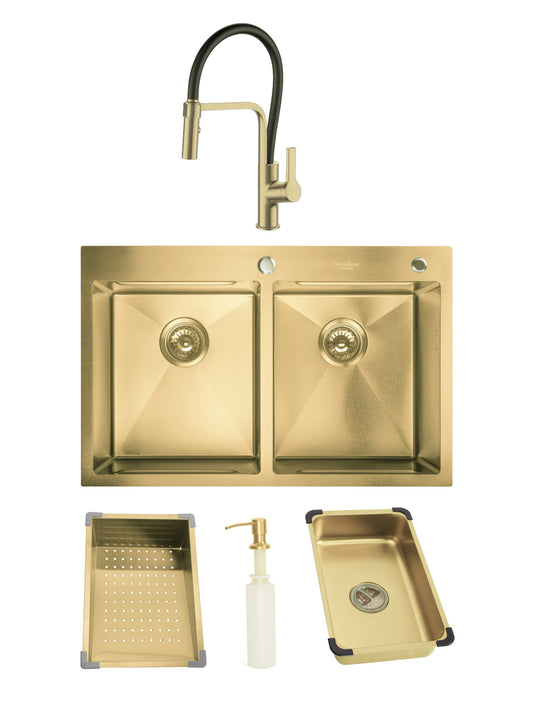 SET Chiuveta SanDonna HD7850DR auriu din inox handmade cu 2 cuve, dozator de sapun, tavita de scurgere + Baterie flexibila SanDonna ANDRA auriu negru flexibila