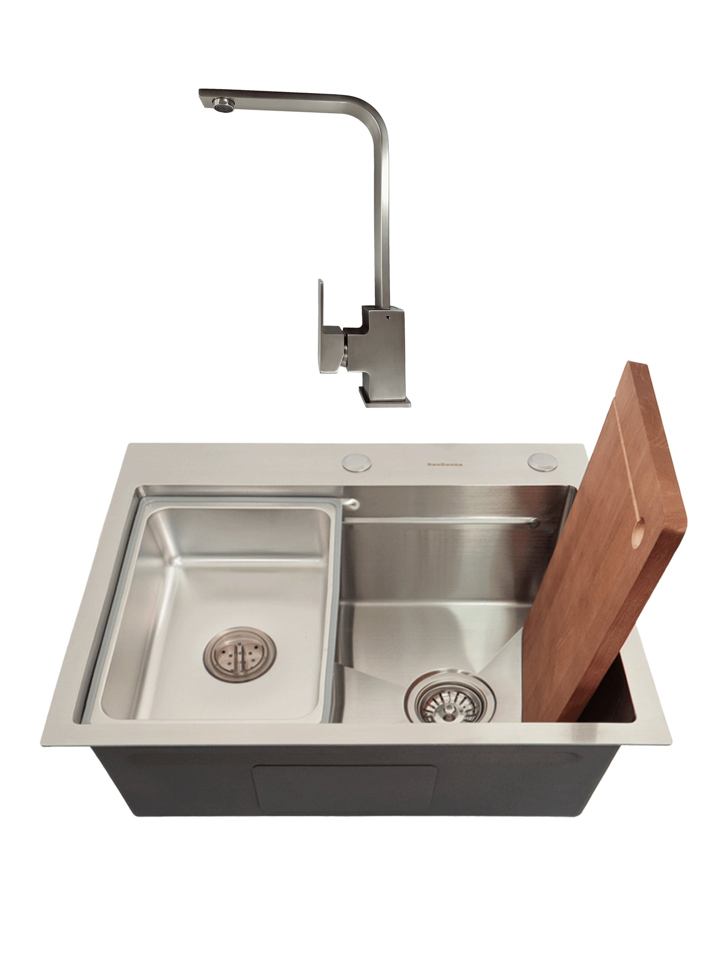 SET Chiuveta SanDonna HD6050 din inox handmade cu dozator de sapun si tavita de scurgere + Baterie SanDonna Nera pivotanta - Inox